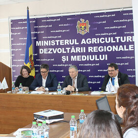 Opening of the event: HE Ambassador Peter Michalko, Head of the European Union Delegation in Republic of Moldova, Mr. Liviu Volconovici, Minister of Agriculture, Regional Development and Environment of the Republic of Moldova, Mr. Alexander Karner, Head of Technical Cooperation Coordination Bureau of the Austrian Development Agency 